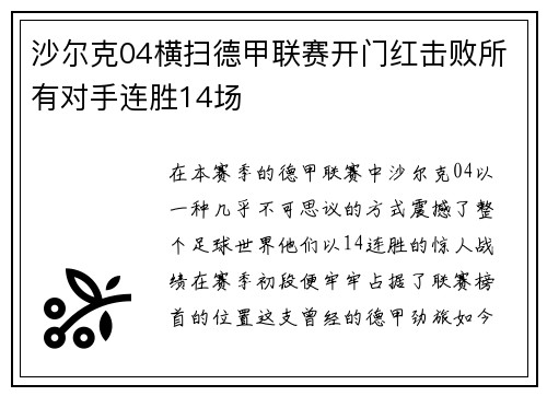 沙尔克04横扫德甲联赛开门红击败所有对手连胜14场
